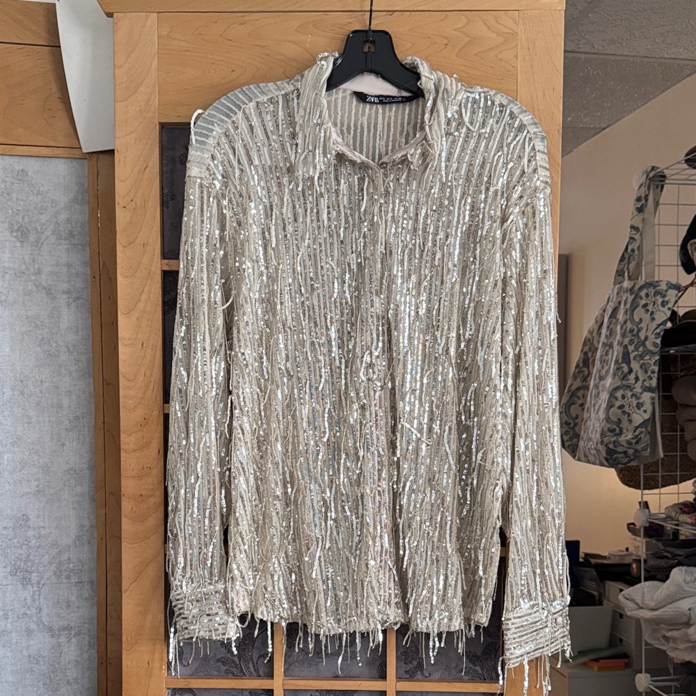 Zara Metallic Fringe Sequin Top
